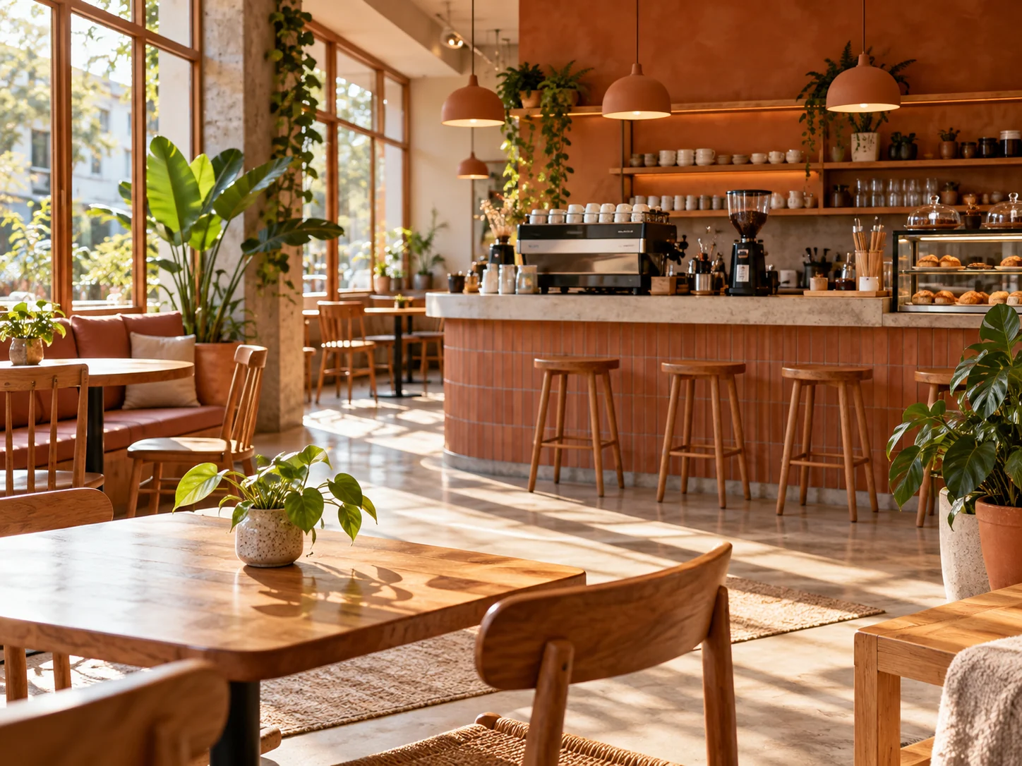Interior acolhedor de uma cafeteria contemporânea